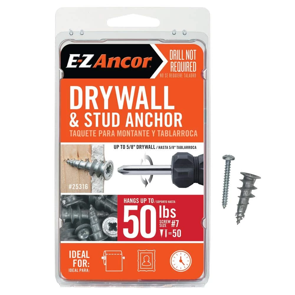 E-Z Ancor Stud Solver #7 x 1-1/4 in. Zinc-Plated Phillips Flat-Head Drywall Anchors (50-Pack) 3 E-Z Ancor Stud Solver #7 x 1-1/4 in. Zinc-Plated Phillips Flat-Head Drywall Anchors (50-Pack)
